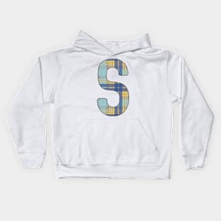 Monogram Letter S, Blue, Yellow and Grey Scottish Tartan Style Typography Design Kids Hoodie